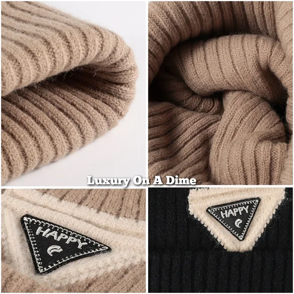 HAPPY Beanie Color Contrast Hat Ribbed Knit Minimalist Warm Toboggan Skull Cap - Picture 12 of 13